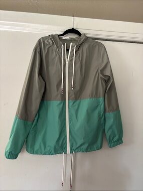 Women’s Colorblock Hooded Windbreaker Jacket - Light Gray & Mint